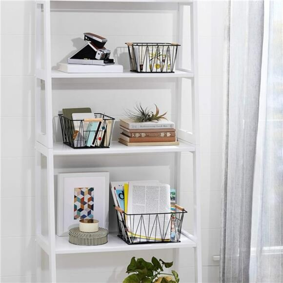 Wire storage baskets set of 3 black metal bins with wood handles home organizati - Picture 2 of 7